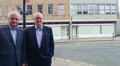 Jeremy Hilton & Declan Wilson outside the proposed much smaller public advice reception on Westgate Street