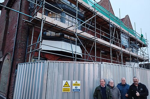 John Renshaw, Roger West, Peter Gane and Tim Prater outside White Lion pub in Cheriton