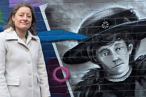 Helen Maguire at Emily Davison mural in Epsom