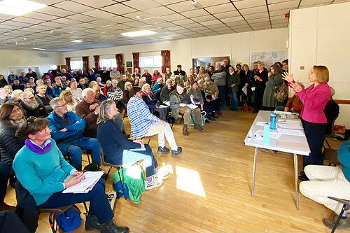 Helen addresses a public meeting regarding the proposed pylons