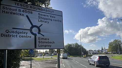 The sign at the Tesco roundabout on Bristol Road was directing motorists to “Eimare” and “Stonebech” instead of Elmore and Stonebench.