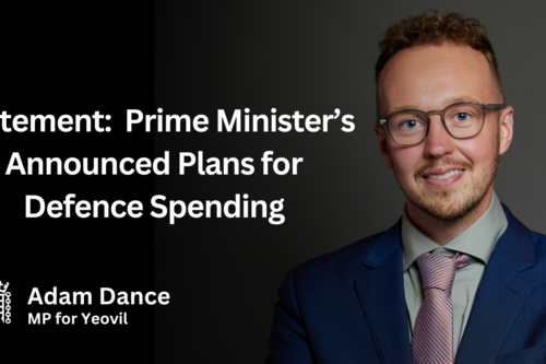 Banner with photo of Adam Dance on the right and Statement:  Prime Minister’s Announced Plans for Defence Spending in white text, with a House of Commons logo.