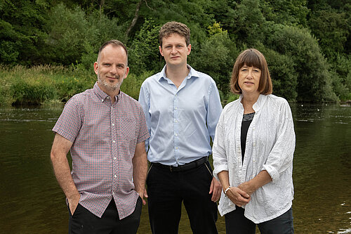 David Chadwick MP, Jane Dodds MS and Cllr Gareth Ratcliffe in front of the River Wye