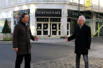 Councillors Ashley Bowkett and Jeremy Hilton outside Debenhams in Kings Square