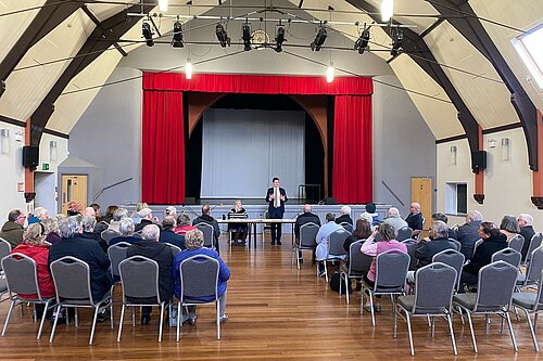 David Chadwick MP talking to park home residents in Builth Wells