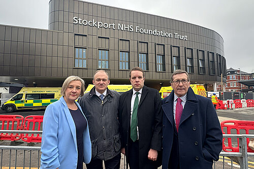 Lisa Smart MP, Sir Ed Davey MP, Tom Morrison MP and Stockport Council leader Mark Hunter at Stepping Hill Hospital