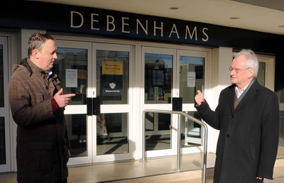 Councillors Ashley Bowkett and Jeremy Hilton outside Debenhams in Kings Square