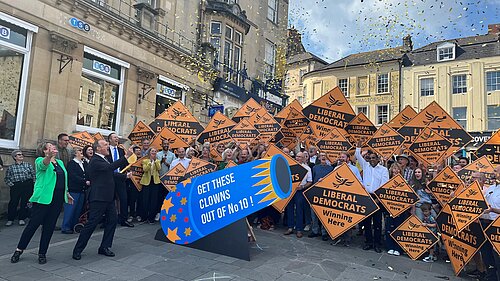 Lib Dem leader Ed Davey and newly elected MP Sarah Dyke celebrate victory in the Somerton and Frome by-election