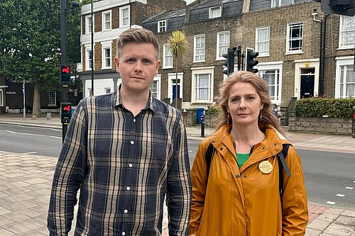 Cllr Victor Chamberlain and Cllr Rachel Bentley on Southwark Park Road where a council home is to be sold off