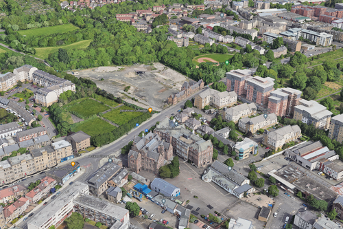 A generated view of the Powderhall site and Broughton from air, sourced from Google Maps