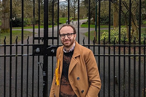 Coventry South Lib Dem candidate Stephen Richmond stood outside the War Memorial Park main gate