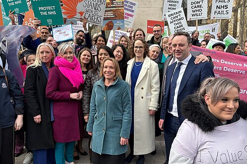 Roz Savage with MPs at social care rally outside Parliament