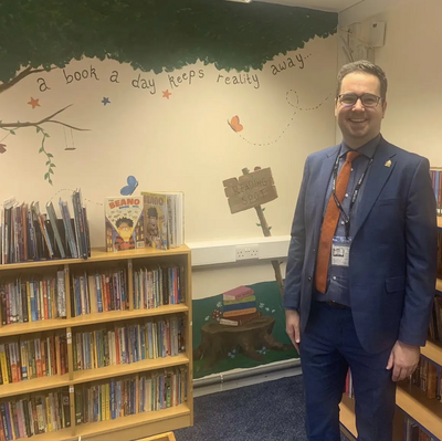 Sebastian Field in Grange Primary School'ss library