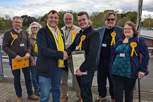 Martin Wrigley congratulates Jack Major - Lib Dem group