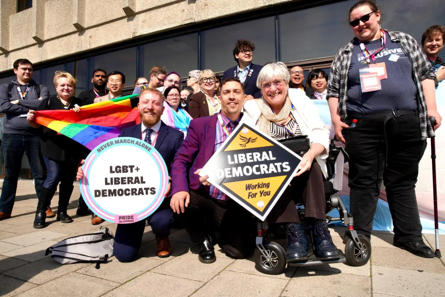 Lib Dem campaigns at the trans flag unveiling and demo at Brighton 2024